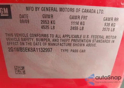 2010 Chevrolet Impala Lt z USA, uszkodzony, nr VIN 2G1WB5EK8A1132997